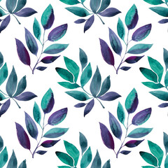 Seamless pattern watercolor hand-drawn blue abstract branch with leaves on white. Art creative nature background for card, wrapping, textile, wallpaper, florist