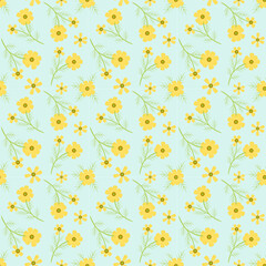 Seamless floral pattern, Yellow cosmos flowers on bright blue background. Flat design. Botanical illustration.