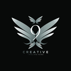 Number 9 Luxury White Wing Logo Template