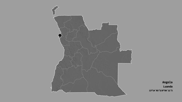 Malanje, province of Angola, with its capital, localized, outlined and zoomed with informative overlays on a bilevel map in the Stereographic projection. Animation 3D