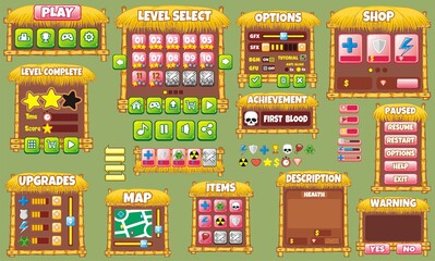 Game User Interface Design, Illustration of a funny 
graphic gui background, in cartoon style with basic buttons and functions, status bar, for creating game