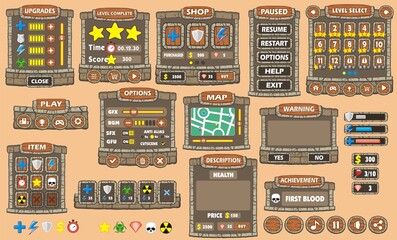 Game User Interface Design, Illustration of a funny 
graphic gui background, in cartoon style with basic buttons and functions, status bar, for creating game