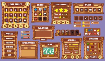 Game User Interface Design, Illustration of a funny 
graphic gui background, in cartoon style with basic buttons and functions, status bar, for creating game
