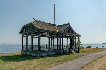 Gazebo on the shore of a lake  copy space