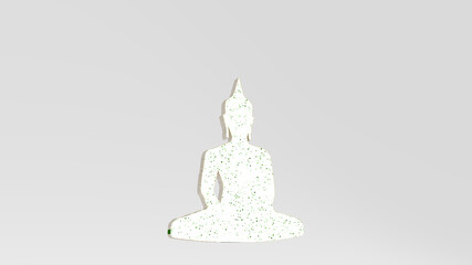 Buddha symbol made by 3D illustration of a shiny metallic sculpture on a wall with light background. asia and temple