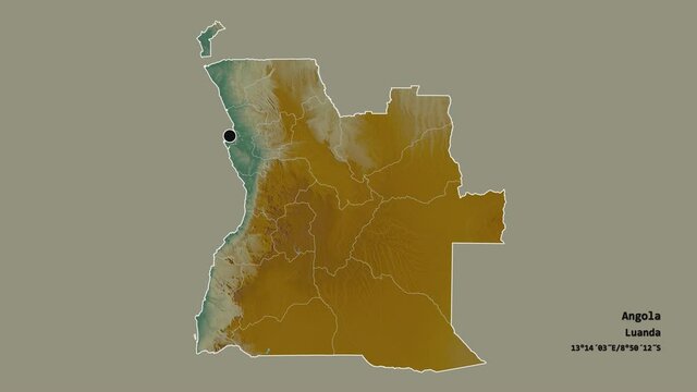 Malanje, province of Angola, with its capital, localized, outlined and zoomed with informative overlays on a relief map in the Stereographic projection. Animation 3D