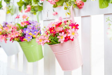 Hanging Flower Pots with fence isolated on white