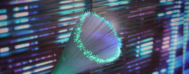 Fiber optics network cable on technology background