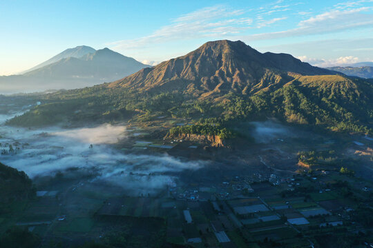 Beautiful view of traditional village in the mountain, seen from Pinggan Village, Kintamani, Bali.