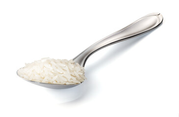 Scoop of Rice in a Steel Spoon Isolated on White Background
