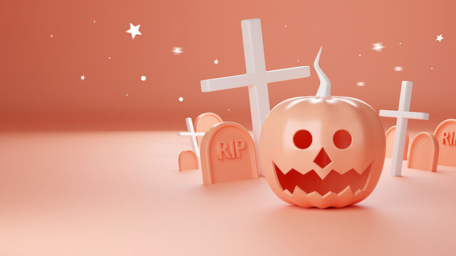 3d render of Happy Hallowee, pumpkin head jack, Cute cartoon on pastel color background.