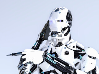 Robot calls his homeowner via smartphone. 3d Illustration.