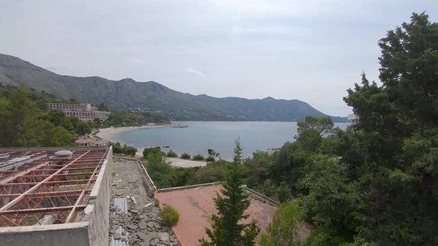 Aerial Drone Footage Through an Abandon Building on Kupari Beach, Croatia.