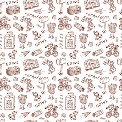 Press. Newspapers. Vector Seamless pattern: stacks and rolls of newspapers, postman, paperboys, newspaper vending machine, mailbox - Hand Drawn Doodles illustration
