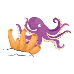 sea underwater life, octopus with coral on white background vector illustration design