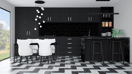Modern kitchen interior with furniture.3d rendering - 363424576