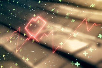 Abstract virtual concept of heart pulse illustration on blurry abstract metal background. Medicine...
