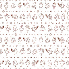 Birds Seamless pattern. Hand drawn doodles cute fluffy chicks - vector background. Wallpaper for kids
