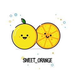 Vector Illustration of Sweet Orange. Set of fresh whole, half, cut slice and leaves orange fruit isolated on white background. Tangerine. fruit. Cartoon style. Vector illustration for any design.