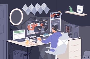 Gamer guy playing online game on computer at home vector illustration. Smiling male taking part at cybersport competition. Man cyber sportsman in headphones shooting to monster during streaming