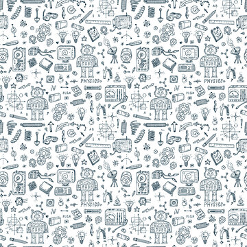 Physics. Science seamless pattern. Hand drawn doodles Robot, Measuring equipment, instrumentation and elements
