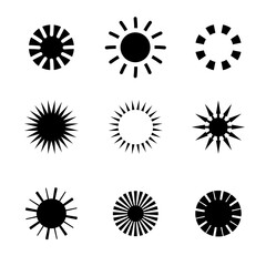Simple elegant set of nine different black, white sun icons for document, presentation, website, booklet, logo, vector illustration, design element, button, blog post, online store, digital content