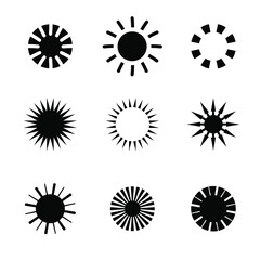 Simple elegant set of nine different black, white sun icons for document, presentation, website, booklet, logo, vector illustration, design element, button, blog post, online store, digital content