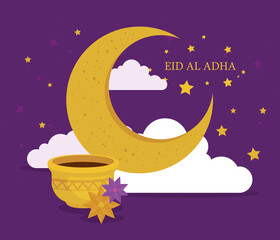 eid al adha mubarak, happy sacrifice feast, with moon, ceramic pot with clouds and stars decoration vector illustration design