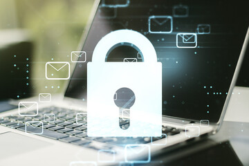 Creative concept with lock symbol and postal envelopes illustration on modern laptop background. Protection and firewall concept. Multiexposure