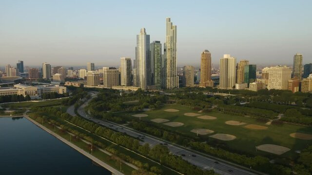 South Loop Chicago Skyscrapers with Grant Park Baseball Fields in Foreground, Shedd Aquarium, Birds Eye Aerial View