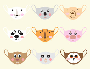 Set of animal face masks to prevent disease ,for kid,vector illustration.