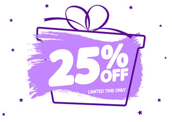 Sale 25% off, banner design template, discount tag, grunge brush, Christmas offer, vector illustration