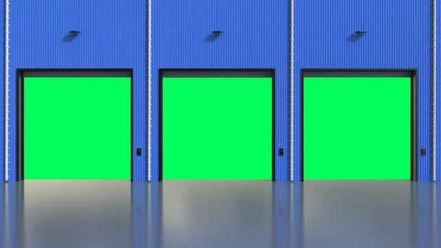 3d rendering warehouse exterior with shutter doors open 4k animation