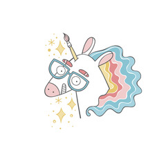 Unicorn - artist. Cartoon character. Rainbow. Isolated vector object on white background.