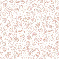 Coffee machine and coffee grinder. Coffee and coffee cup. Espresso, cappuccino and latte. Seamless vector pattern (background). Cartoon print.