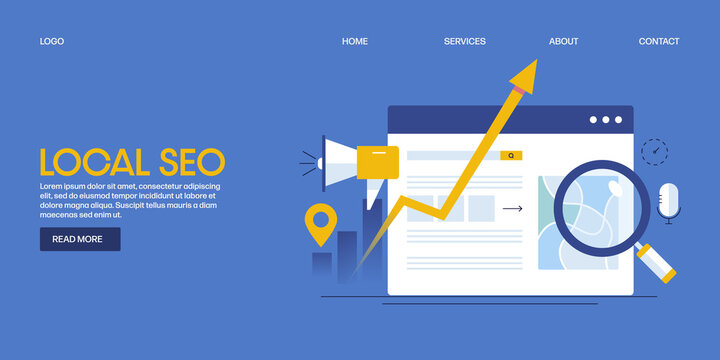 Local seo marketing strategy, local business listing on search engine page, local seo optimization, search local business, find local store concept. Web banner template.