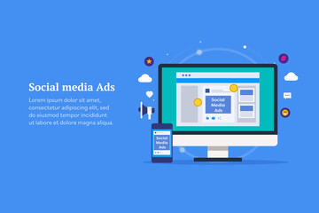 Social media advertising, digital paid content promotion on social network, targeting audience and customer through social media ads, digital branding concept. Web banner template, landing page.