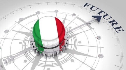 Business concept. Abstract compass points to the future word. Flag of the Italy. 3D rendering