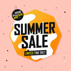 Summer Sale, promotion banner design template, discount tag, spend up and save more, vector illustration