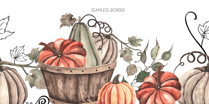 Watercolor autumn seamless border with colored pumpkins, leaves, branches, berries. 
