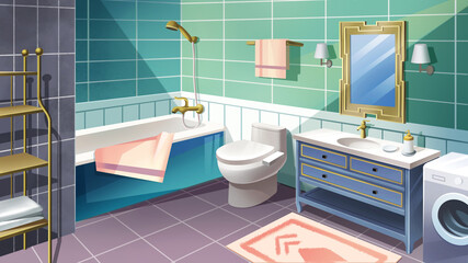 Bath Room. Fantasy Backdrop. Concept Art. Realistic Illustration. Game Scene. Video Game Digital CG Artwork Background. Buildings Interior Scenery.
