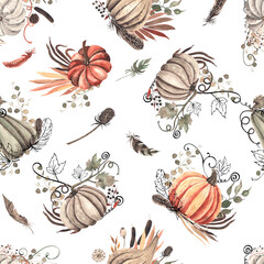 Watercolor autumn seamless pattern with colored pumpkins, leaves, branches, berries. 
