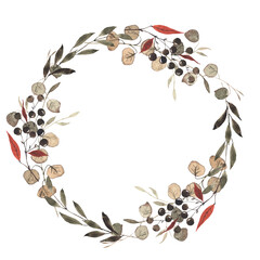 Watercolor autumn wreath with colored pumpkins, leaves, branches, berries. Graphic line art elements