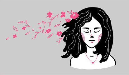 Asian girl avatar with sakura, vector illustration