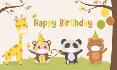Cute animals wear mask cartoon illustration happy birthday small party in the forest ,vector illustrator, birthday card
