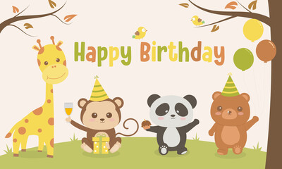 Cute animals cartoon illustration happy birthday small party in the forest ,vector illustrator, birthday card