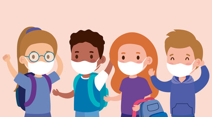 cute children wearing medical mask to prevent coronavirus covid 19, students children wearing protective medical mask vector illustration design