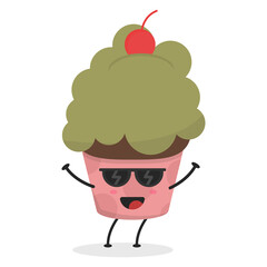 Cute flat cartoon cupcake illustration. Vector illustration of a cute cupcake with a smiling expression. Cute cake mascot design