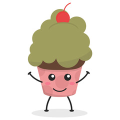 Cute flat cartoon cupcake illustration. Vector illustration of a cute cupcake with a smiling expression. Cute cake mascot design