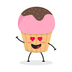 Cute flat cartoon cupcake illustration. Vector illustration of a cute cupcake with a smiling expression. Cute cake mascot design